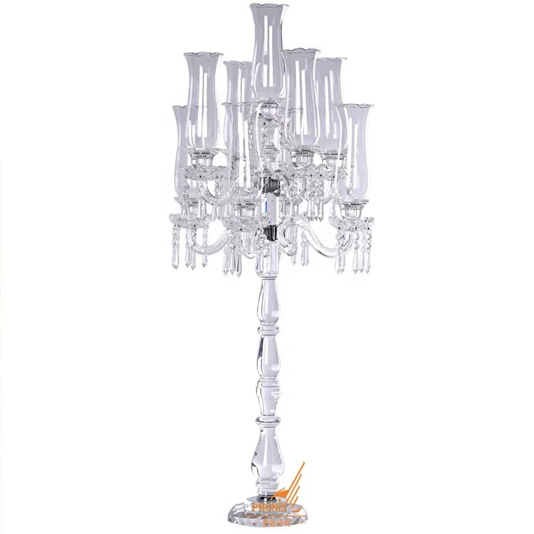 Wholesale 9 arms crystal candelabra for wedding centerpieces decoration table top cheap candle holder with glass long hurricanes