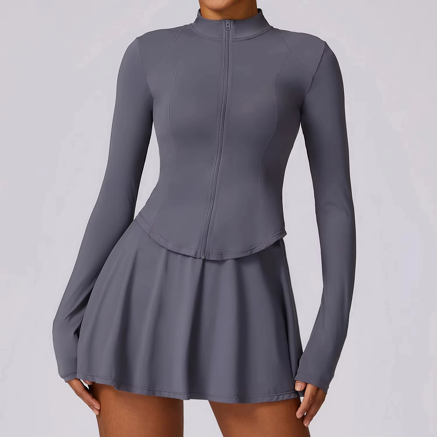 OEM Women Sports Long Sleeve Jacket Tennis Skirts Two Pieces Sets Fitness Yoga Wear Set