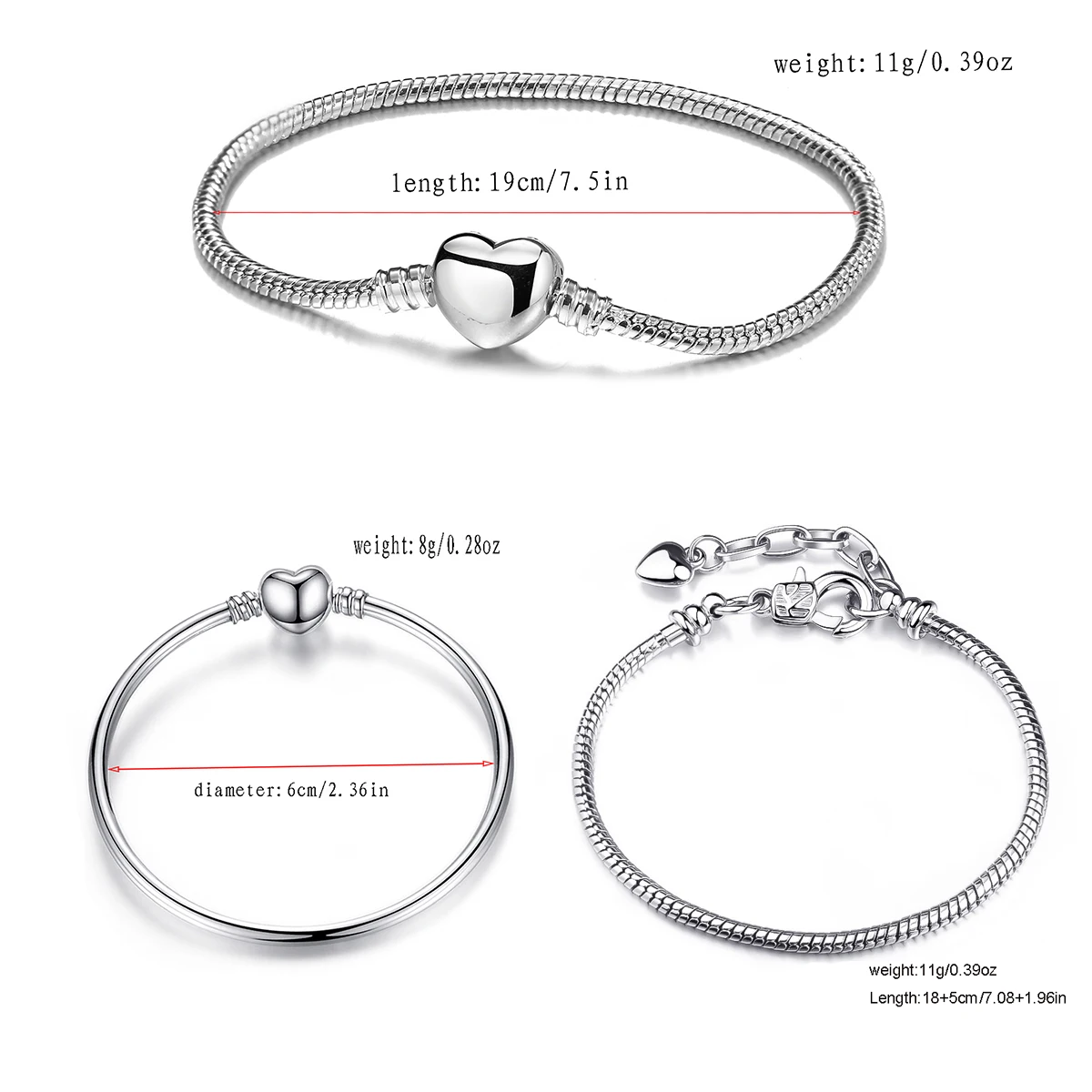 Silver Snake Chain Bracelets Chain Extender Lobster Round Heart Clasp Jewelry Making Adjustable Men Women Gift
