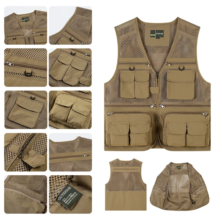 wholesale Fishing Wear Vest Cotton Men Outdoor Hiking Multi Pocket Cargo Design Mesh Lined Custom Logo Color