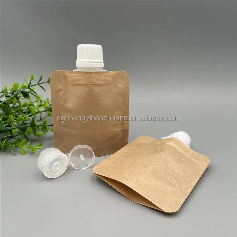 Stock Recyclable Waterproof Liquid Spout Bag Eco Friendly Stand Up 100ml Kraft Paper Spout Pouch With Spout Top