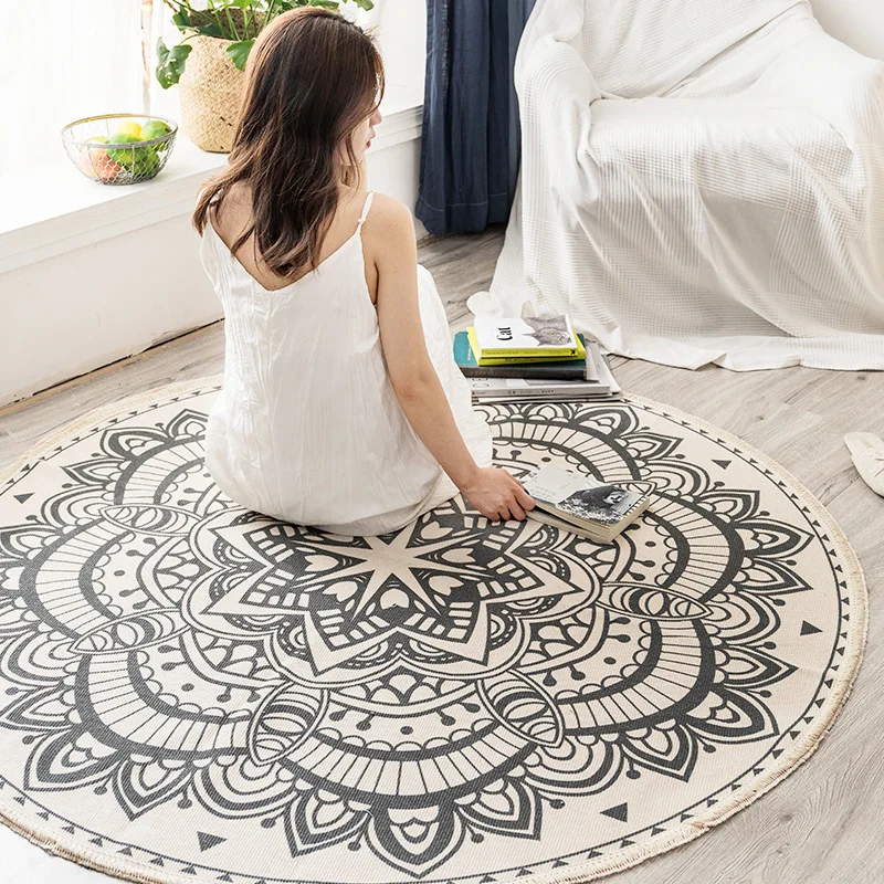 Nordic INS Round Area Rug For Bedroom Ethnic Style Bohemia Woven Cotton Linen Rug Carpet Knitting Floor Mat 90cm 120cm 150cm