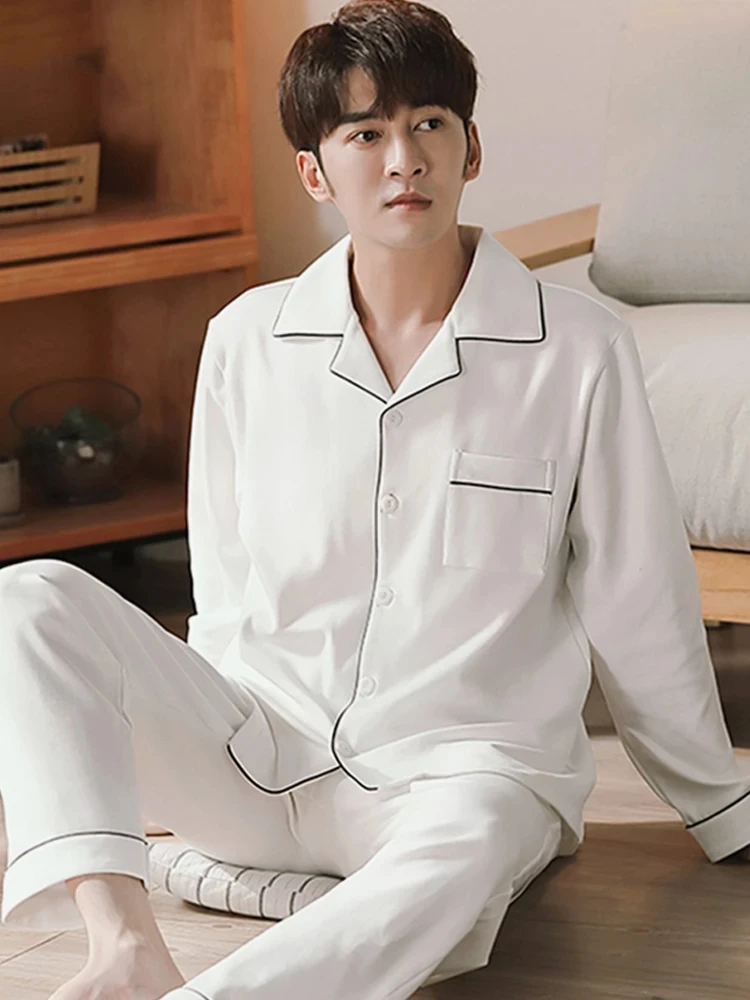 autumn Winter 100% Cotton Pajama for Men Sleepwear Pajamas Blue Home Clothes Man