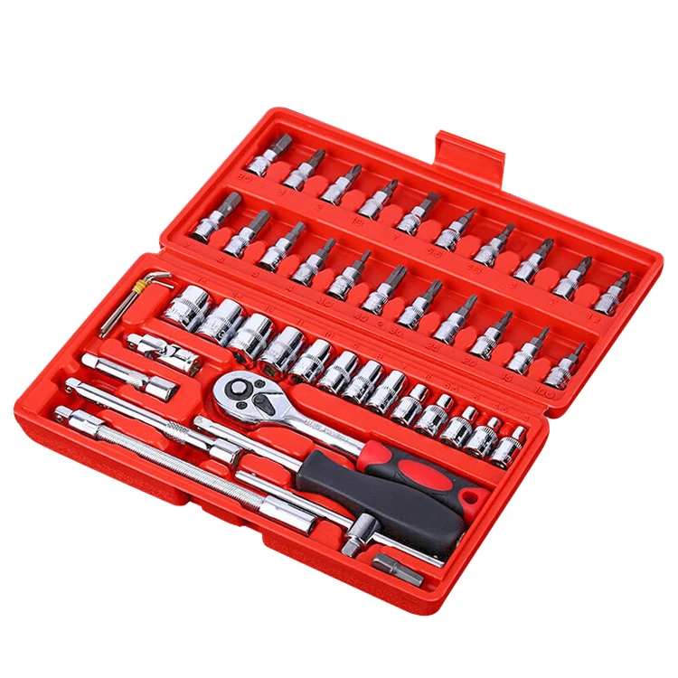 Factory direct selling heavy standard hand tools 46 piece auto repair kit socket wrench set plastic box