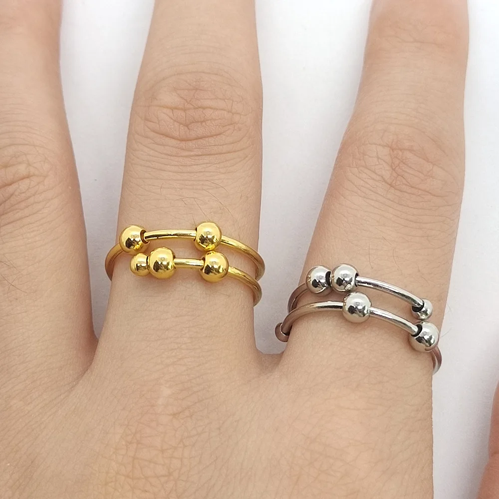 Stainless Steel Copper Jewelry Spinning Fidget Rings Frosted Gold-Plated Spin Ball Spinner Open Adjustable Anxiety Ring