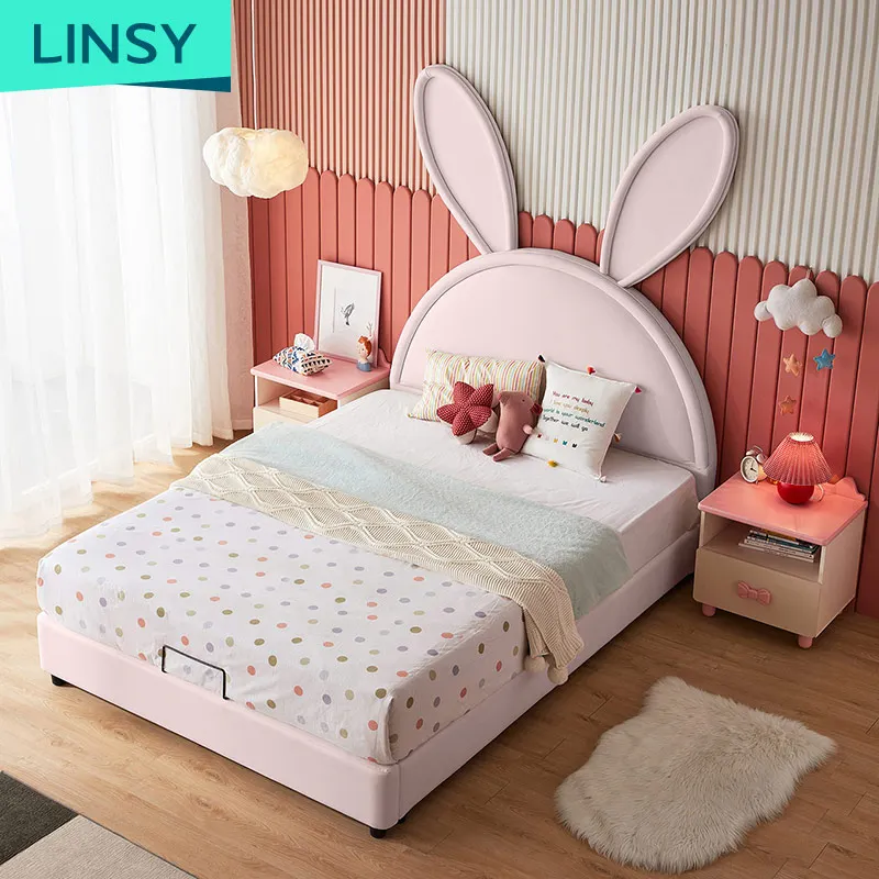 Linsy розовые кроватки для детей односпальные деревянные модные современные детские кожаные кровати девочек принцессы