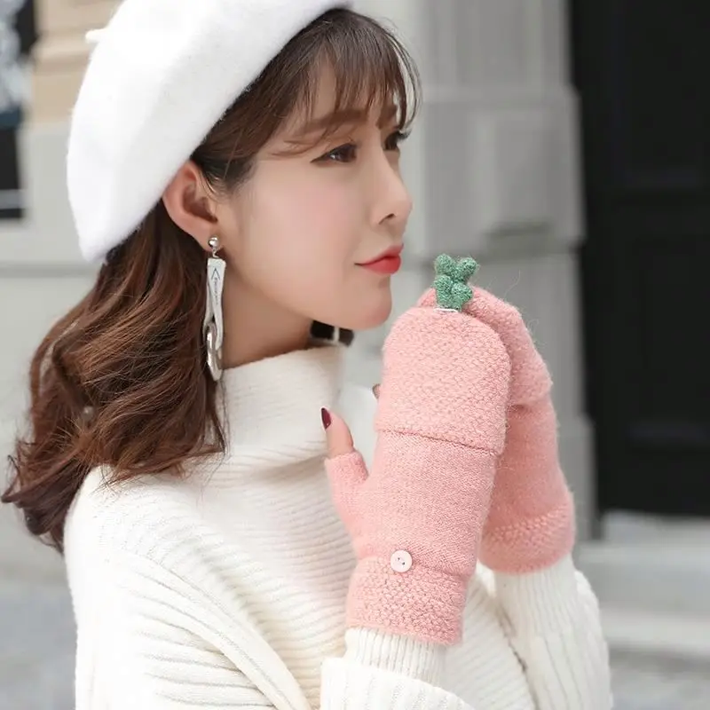 
Knitted Wool Gloves Female Winter Korean Edition Cute Cartoon Student Thicken Warm Half Finger Turn-over Exposed Finger 