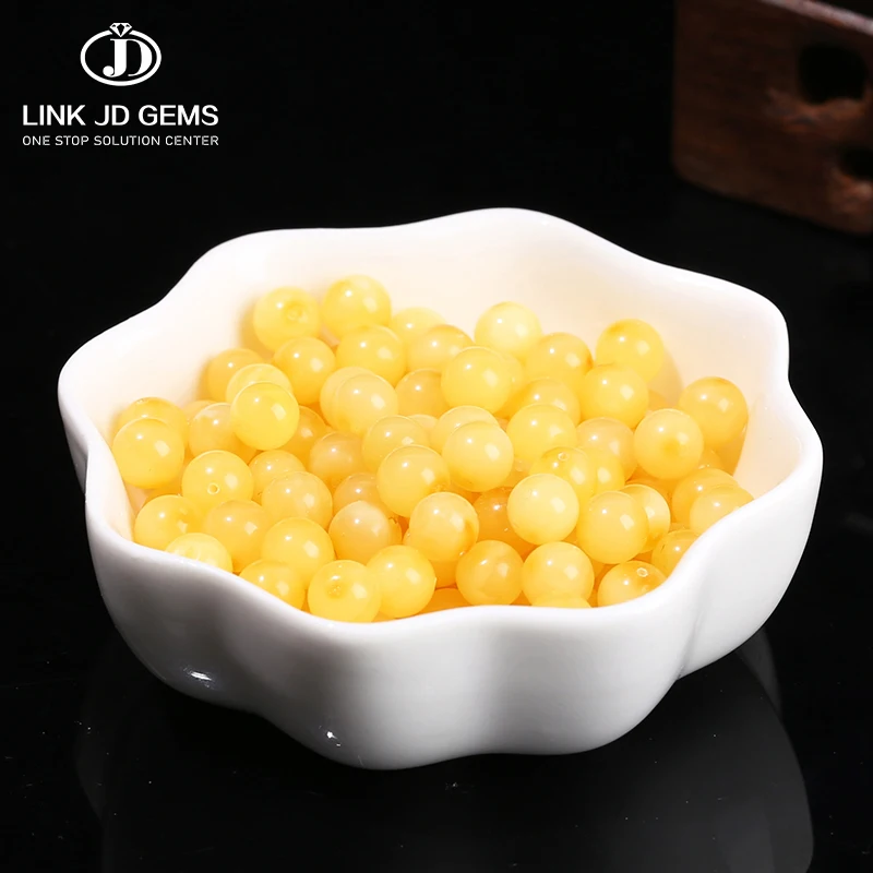 JD GEMS Semi Precious Round Yellow Color Agate Smooth Loose Beads 6mm 8mm Natural Amber Beeswax Round Beads for Jewelry Making
