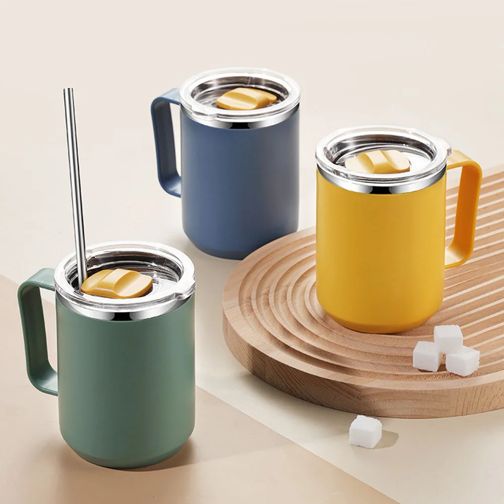 Wholesale Outside Plastic Inside Stainless Steel Leakproof Coffee Mugs Portable Insulated Drinking Water Taza With Handle Lid