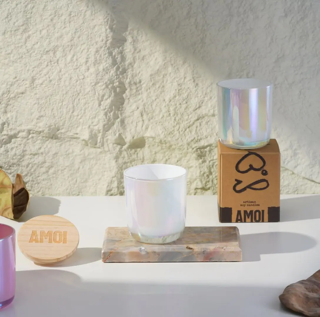 empty big size pink iridescent holographic candle jars 12 oz with box and rose gold lids