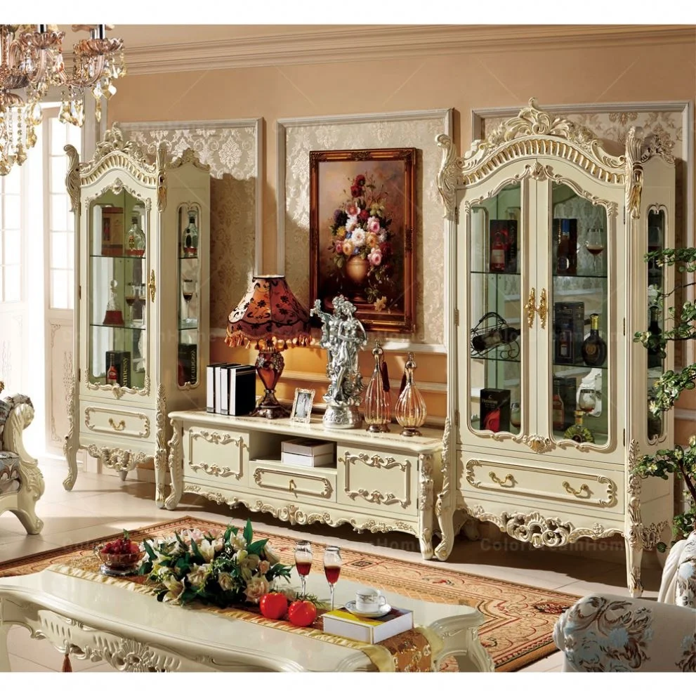 American classical furniture living room cabinet set white solid wood wine cabinet