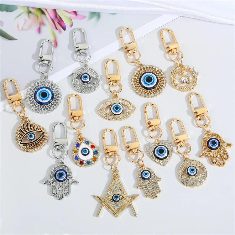 Key Chain Men Women Plated Gold Rhinestone Punk Blue Eye Pattern Hip Hop Fashion Korean Couple Key Ring Jewelry