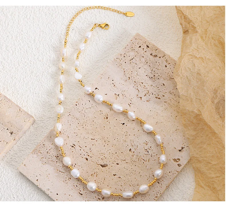 Fashion Freshwater Pearl Jewelry PVD Gold Plated Stainless Steel Bead  Choker Baroque Natural Freshwater Pearl Necklace Women