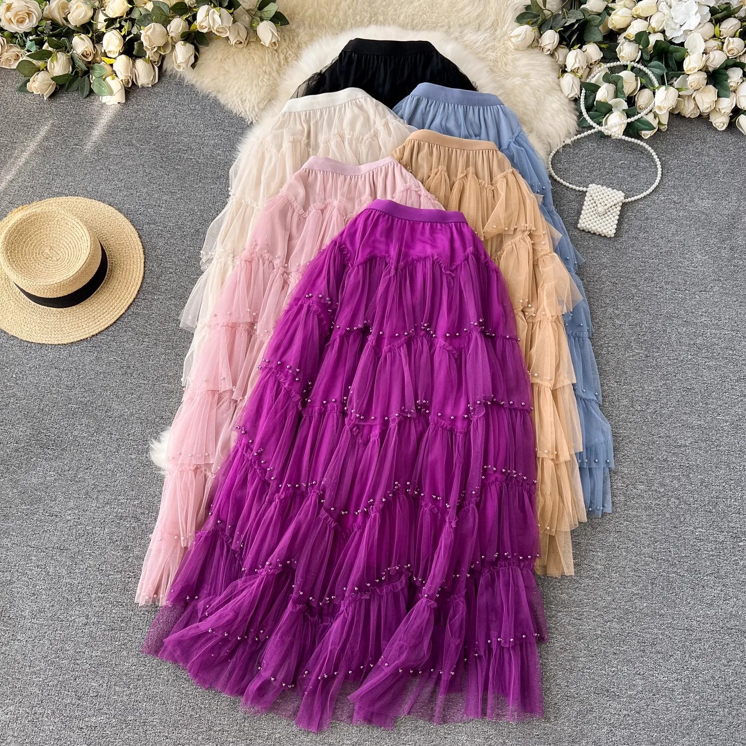 Sexy 8 Colors Mesh Beaded Midi Tiered Skirt For Women