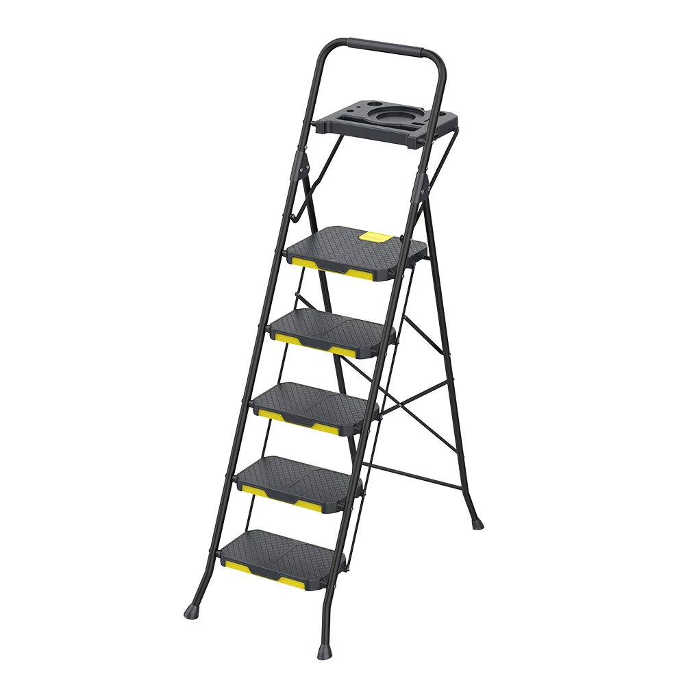 New design 800LB american Market Extra Wide heavy duty Round-Tubed Steel Ladder with Durable Plastic Step