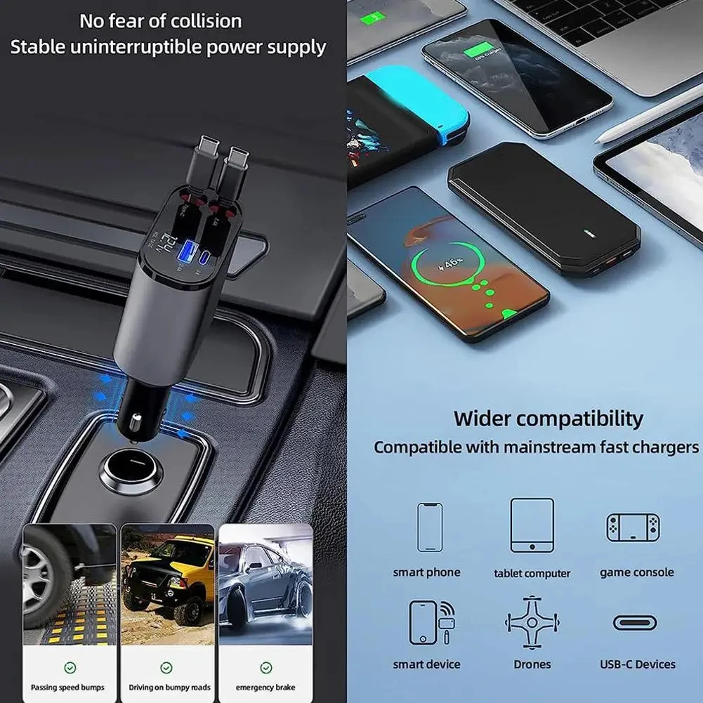 4 in 1 Car Fast Charger 100W for iPhone and Type C Retractable Cables and 2 Charging Ports Retractable Car Charger