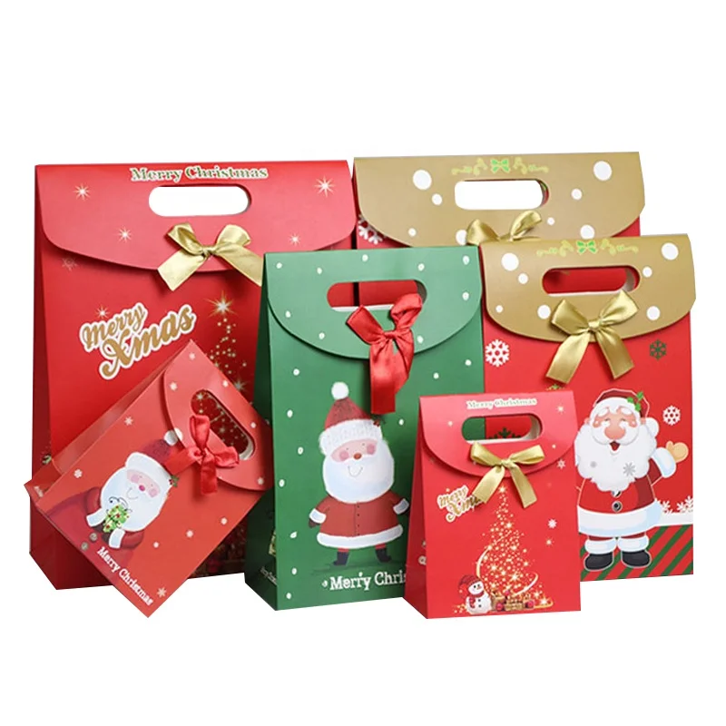 Custom logo print Gift Bag Christmas new year goodie Die Cut Handle Candy shopping Paper Bags With bow ties
