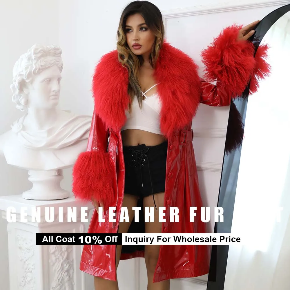 Shiny Leather Skin Coat Real Fur Collar Cuffs Women Long Trench Genuine Leather Fur Coat