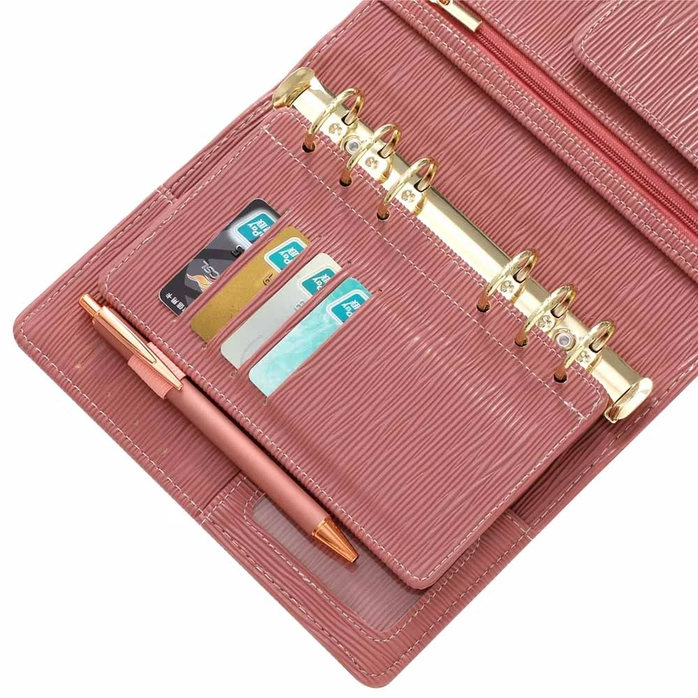 Hongbo Best Selling 17-Color School/Office/Xmas Gift A6 Saffiano Epi Binder Loose Fly Leaf Dashboard with Card Slots & Pen Loop