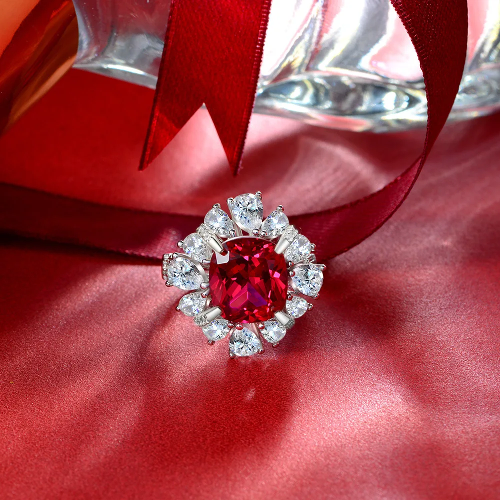 Jewelry 2024 New Simulated Ruby 6 Carat Fat Square 10 * 11 Luxury Full Diamond 925 Sterling Silver Ring
