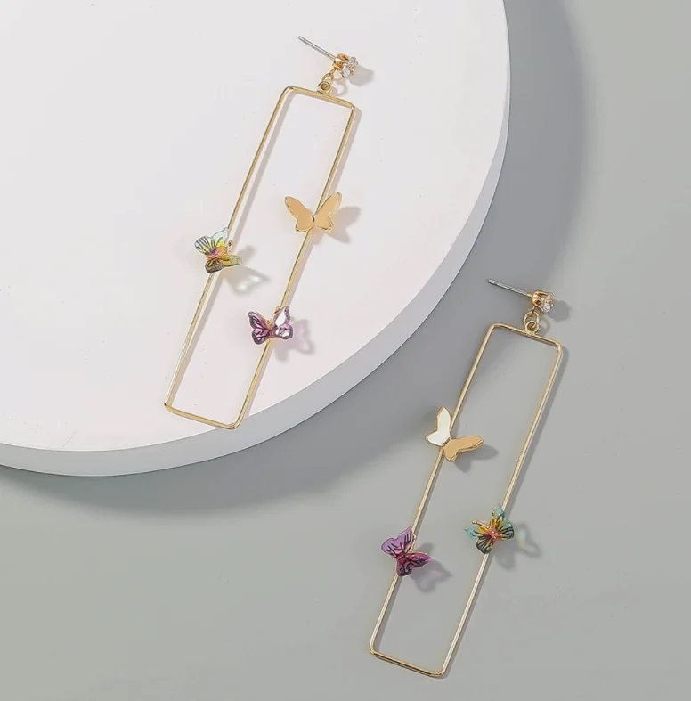  New product hot sale metal temperament long geometric shape multicolor butterfly earrings fashionable wild