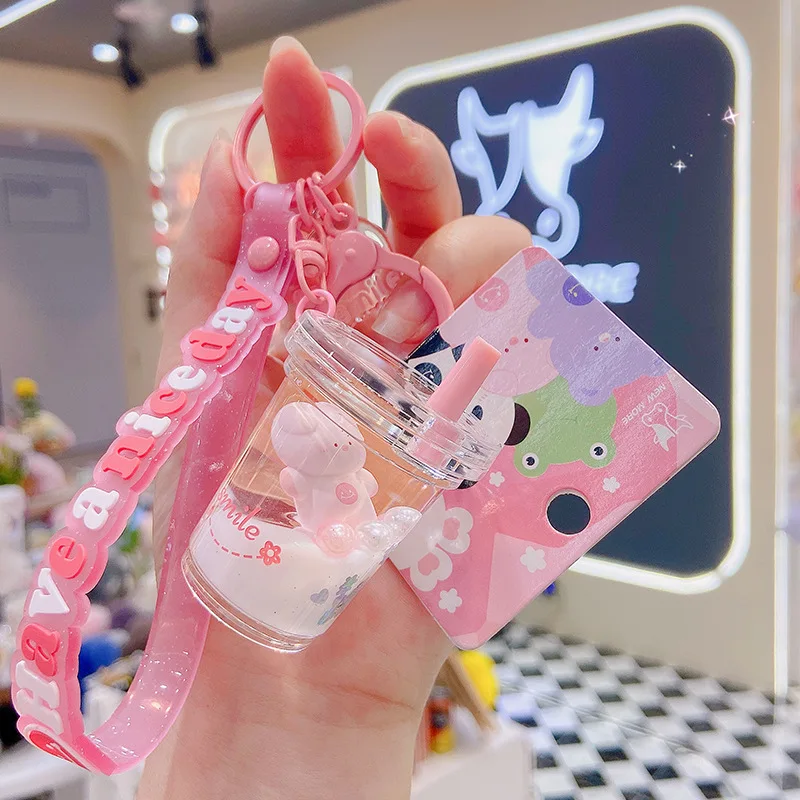 Lilangda Creative cute panda frog bear keychain accessories liquid into the oil keychain acrylic animal milk tea cup keychain
