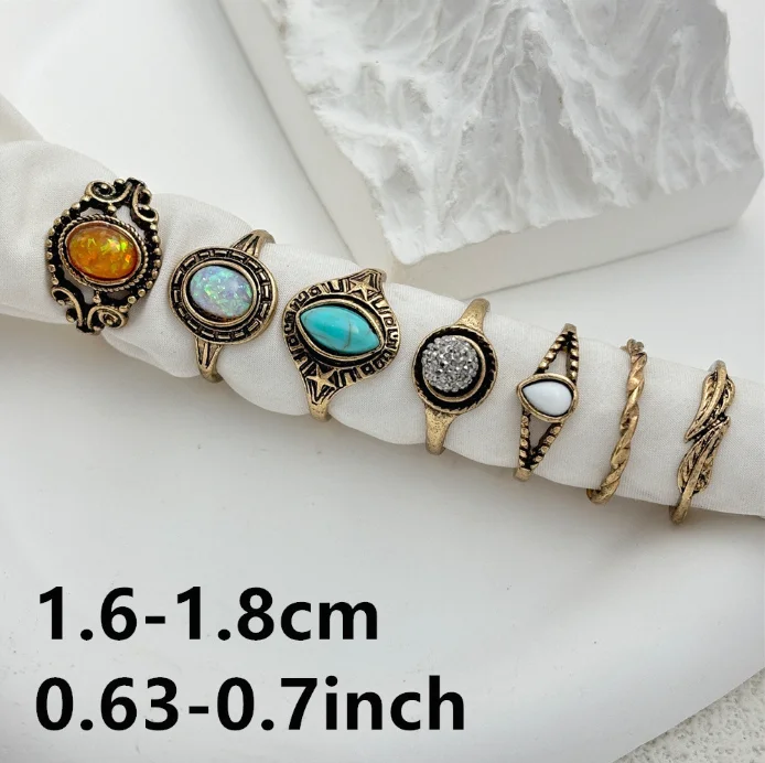 Best-selling 7 Sets Of Gold And Silver Sacred Geometric Pattern Colored Gemstone Ring Retro Fashion Ring Ring Set For Women