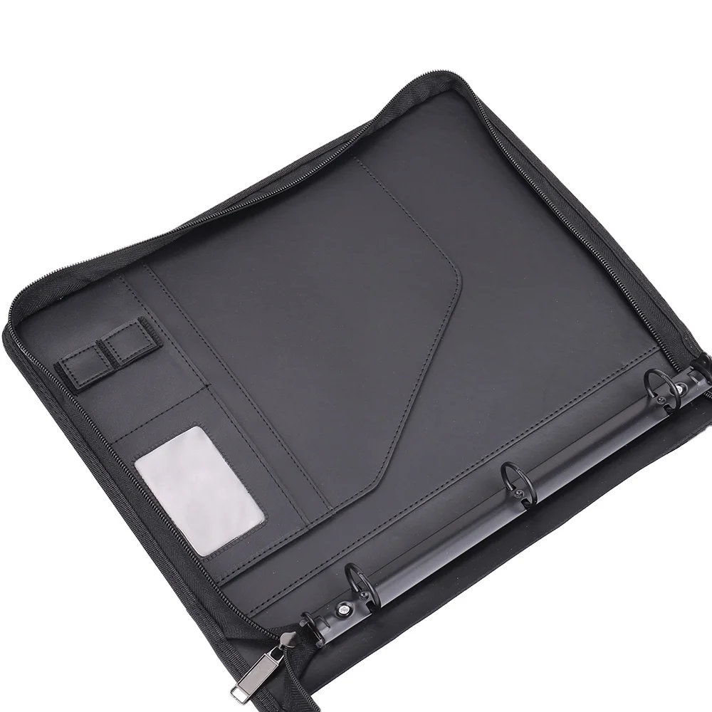 Customized Zip Round Pu Leather File Folder USB Date Line Storage 3 Binder Card Holder Document Portfolio File Folder