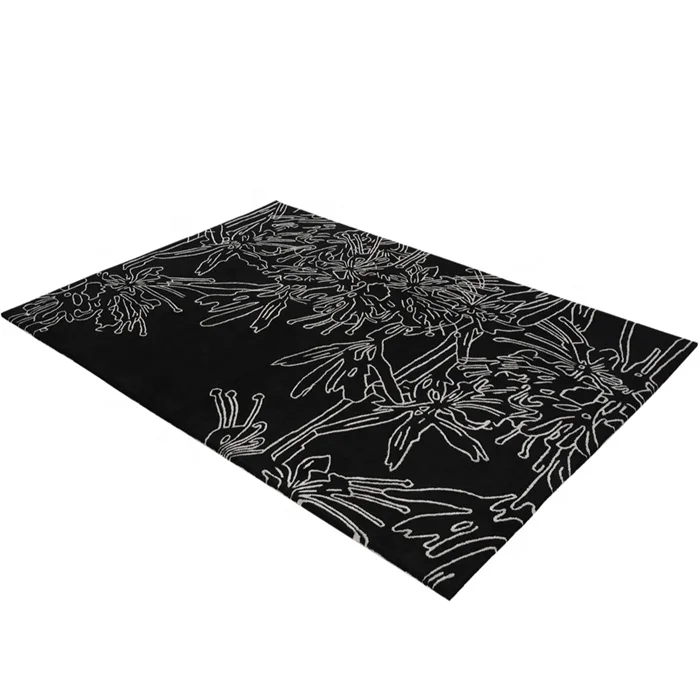 Chinese Floral Luxury Black and White Rug Acrylic Silk Floor Carpet