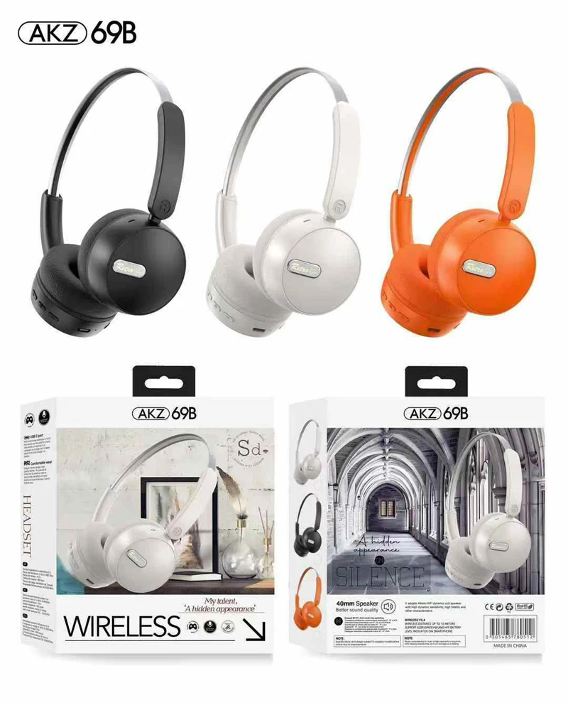 AKZ 69B Super Bass Headphone Gaming Over-ear Headphones Wireless Fashion Music Earphone Rechargeable Sports Earbuds