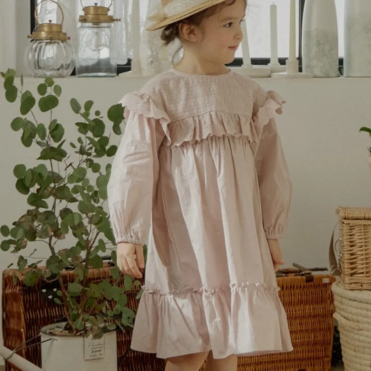 Wholesale Product Baby Girls Autumn Linen Cotton Dresses Girls Flower Ruffled Long Sleeves Spin Dresses