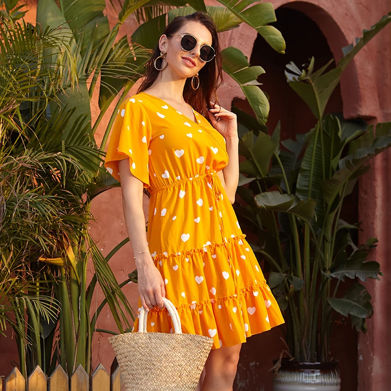 European style V-neck printed short sleeves one piece long yellow dresses for party