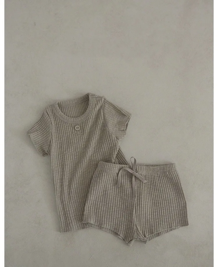 Wholesale Newborn Summer Baby 2pcs Set Kids Thin Cotton Breathable Short Sleeve Ribbed T shirts+Shorts Blank Plain Clothes Suit