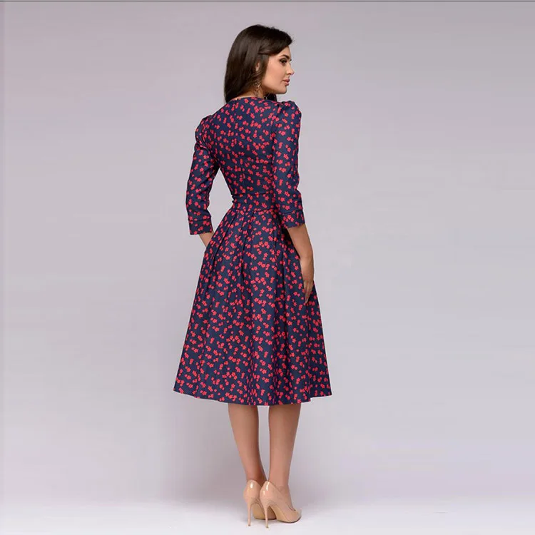 Women vintage retro 3/4 sleeve floral pattern a line swing party dress
