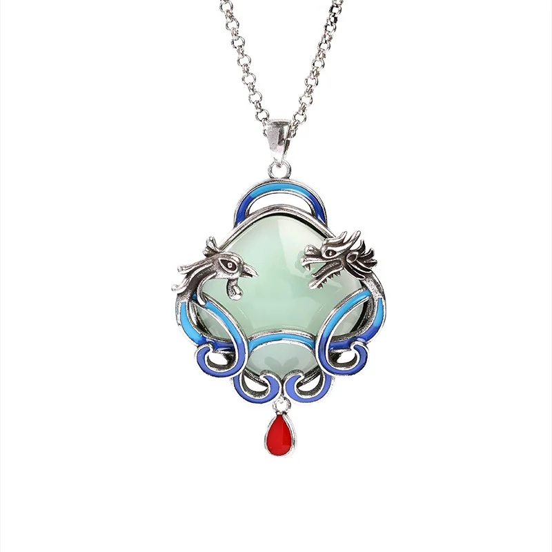 Aieryuan ethnic style design Thai silver plated artificial jade dragon and phoenix clavicle necklace for Anniversaries
