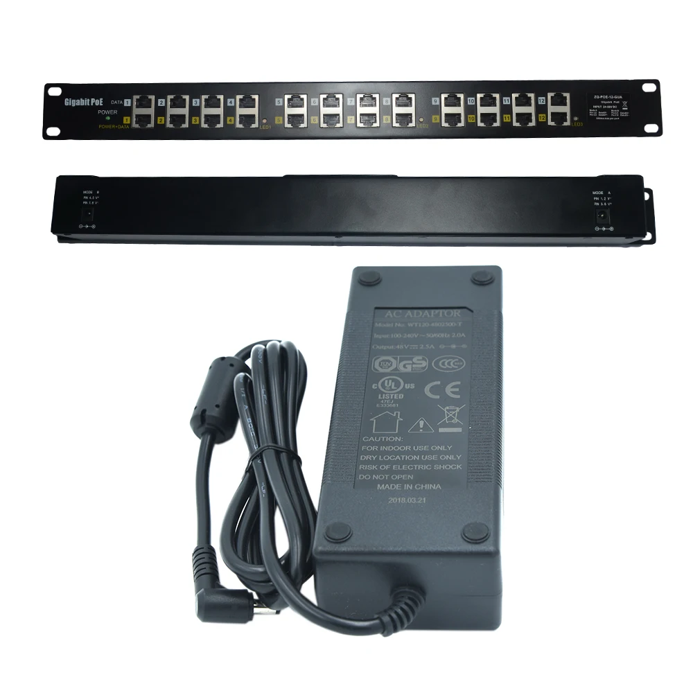 GPOE-12-48V120W стойку Gigabit PoE инжектор панель 12 Порт 48V 120W адаптер питания по сети Ethernet для 802.3af камера