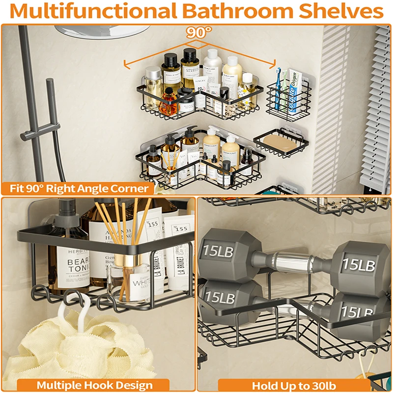 2024 Hot Sale Bathroom Organizer 5 Pack Stainless Steel Adhesive Shower Caddies Shower Corner Shelves with Hooks