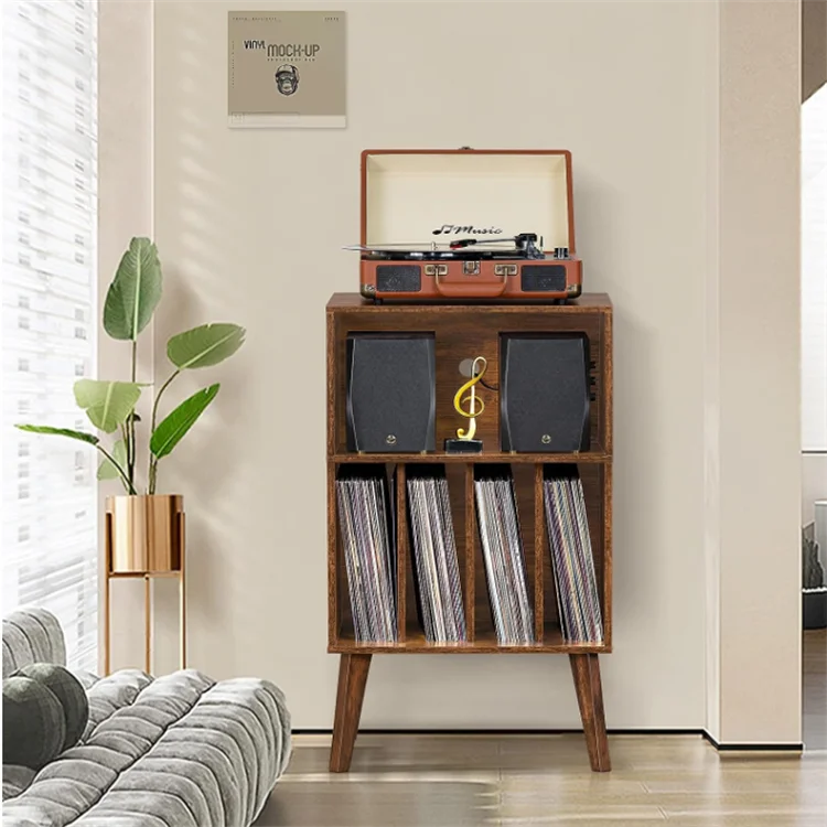 Brown Turntable Stand Holds Mid-Century Vinyl Storage Cabinet Table with Solid Wood Legs