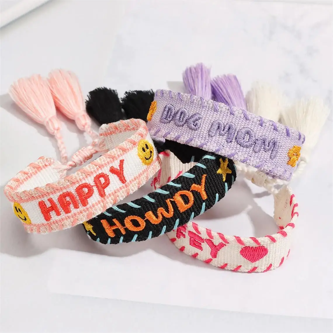 Wholesale Custom Letter Ethnic Jewelry Friendship Bracelet Embroidered Woven Bracelet Wristbands with Tassel For Festival Party