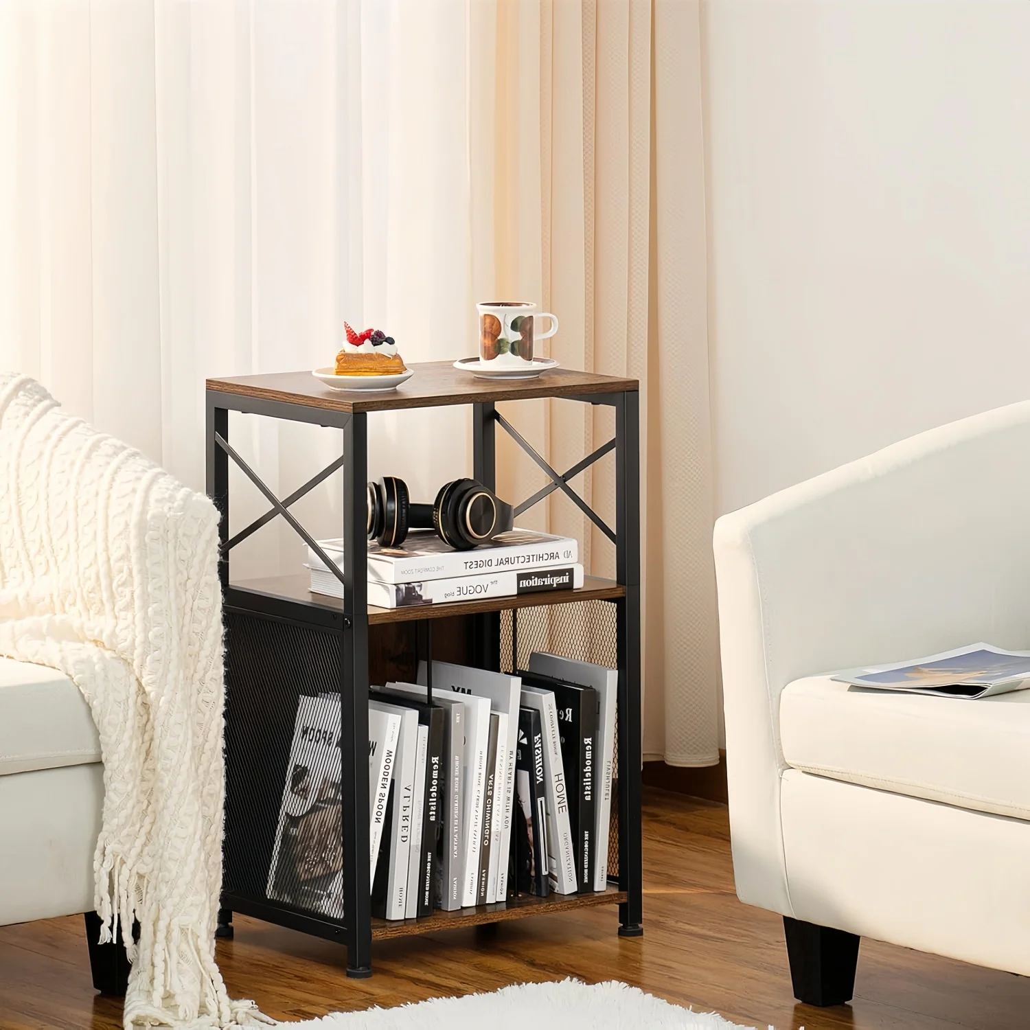 3-Tier Brown Vinyl Records Storage Holder Turntable Stand Display Shelf Bedroom Living Room Office CD Rack 100 Albums End Table