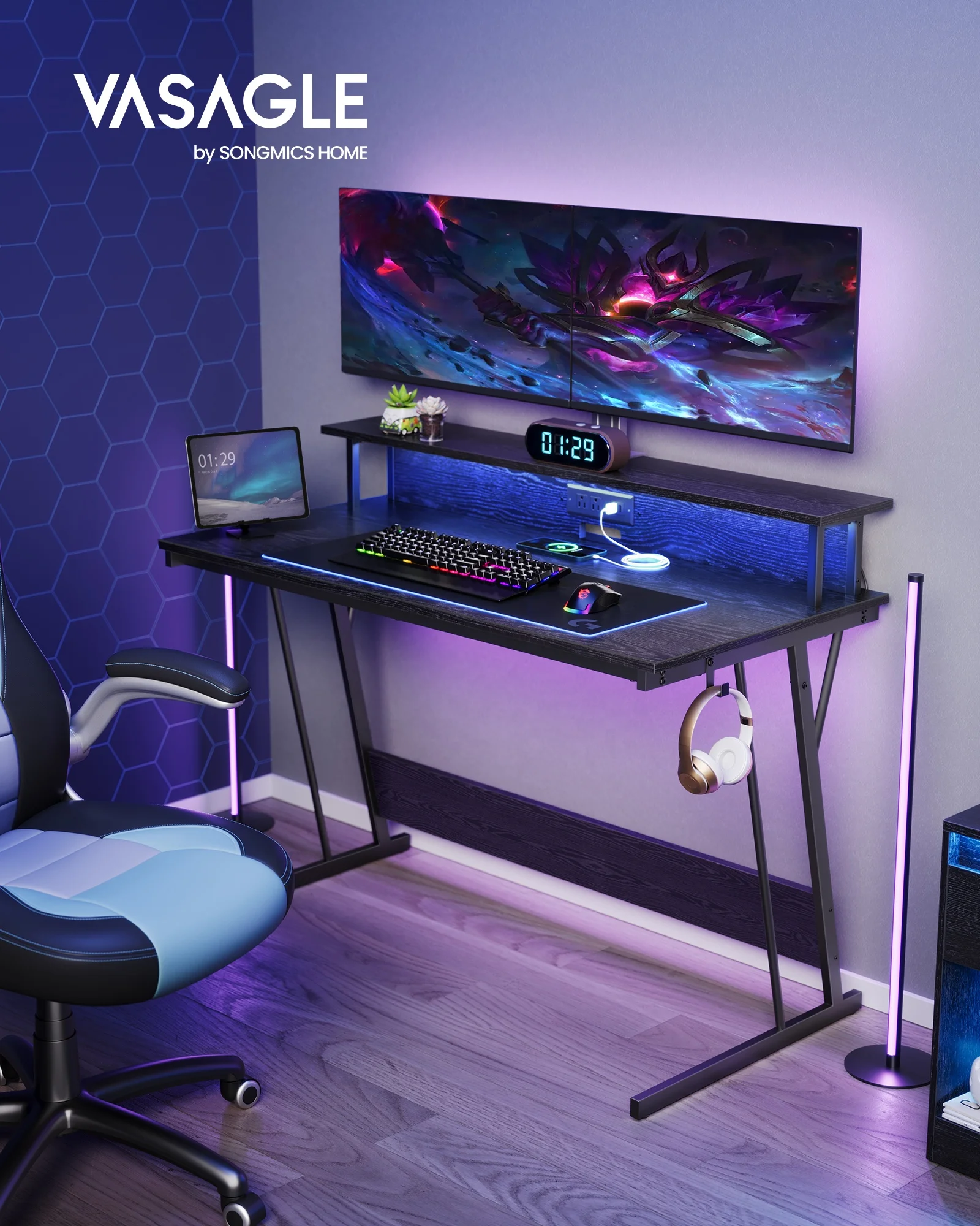 VASAGLE LED Desk with Monitor Shelf Gaming Desk with LED Lights and Built-in Power Outlets Computer Desk for 2 Monitors