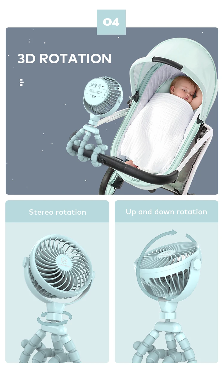 Cooling camping flexible tripod desktop octopus stand clip fan usb-c rechargeable battery handheld mini for baby stroller fan cl