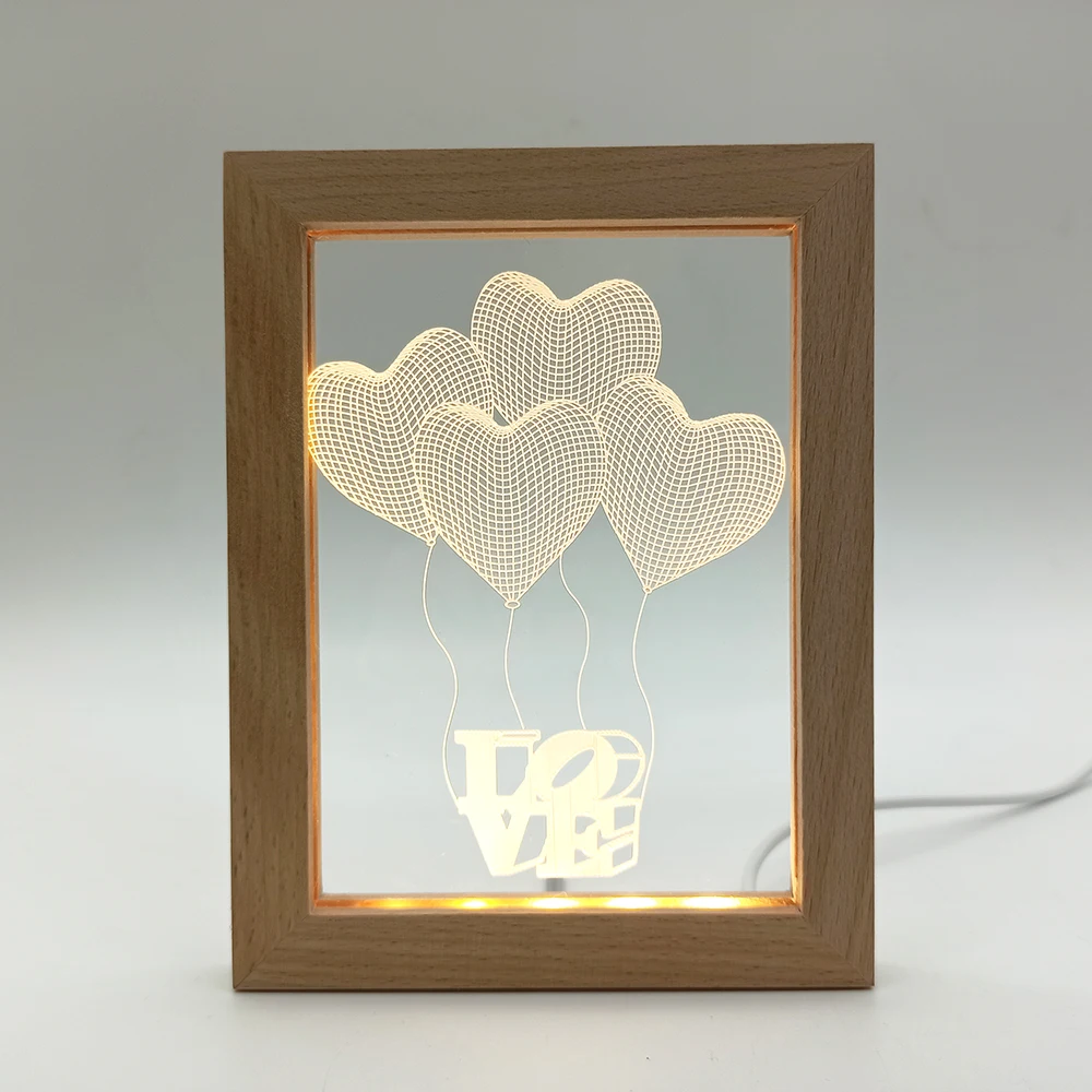 Wholesale Wooden 3D LED Love Photo Frames Custom Designs Wedding Decorative Display Wood Picture Acrylic Photo Frame