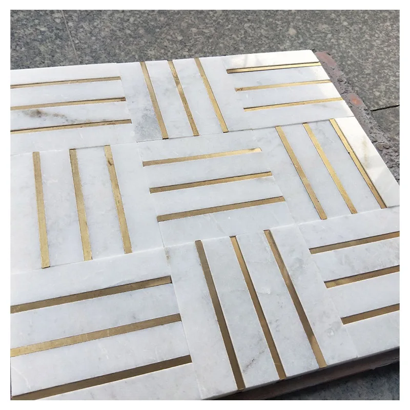 Water Jet Marble Mosaique Surface Floor Tile With Brass Inlay Mosaic Pattern