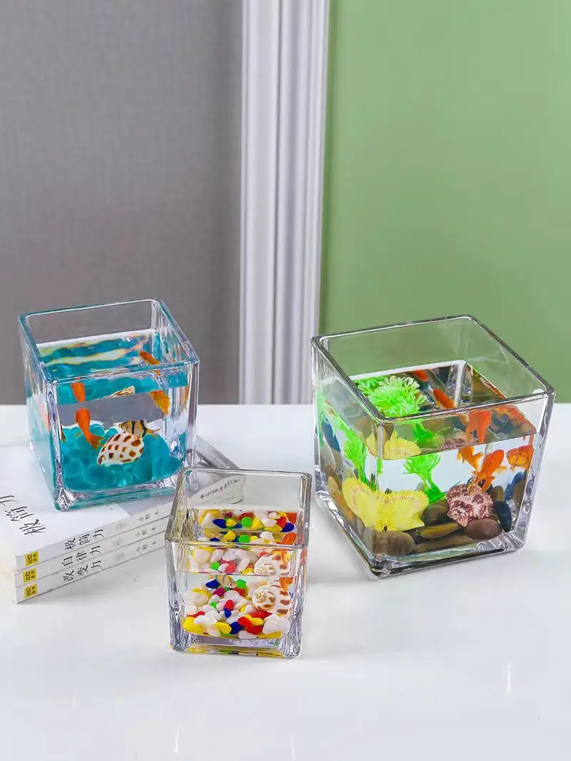 Wholesale Modern Machine Made Wide Mouth Square Cube Transparent Plant Fish Glass Flower Vases