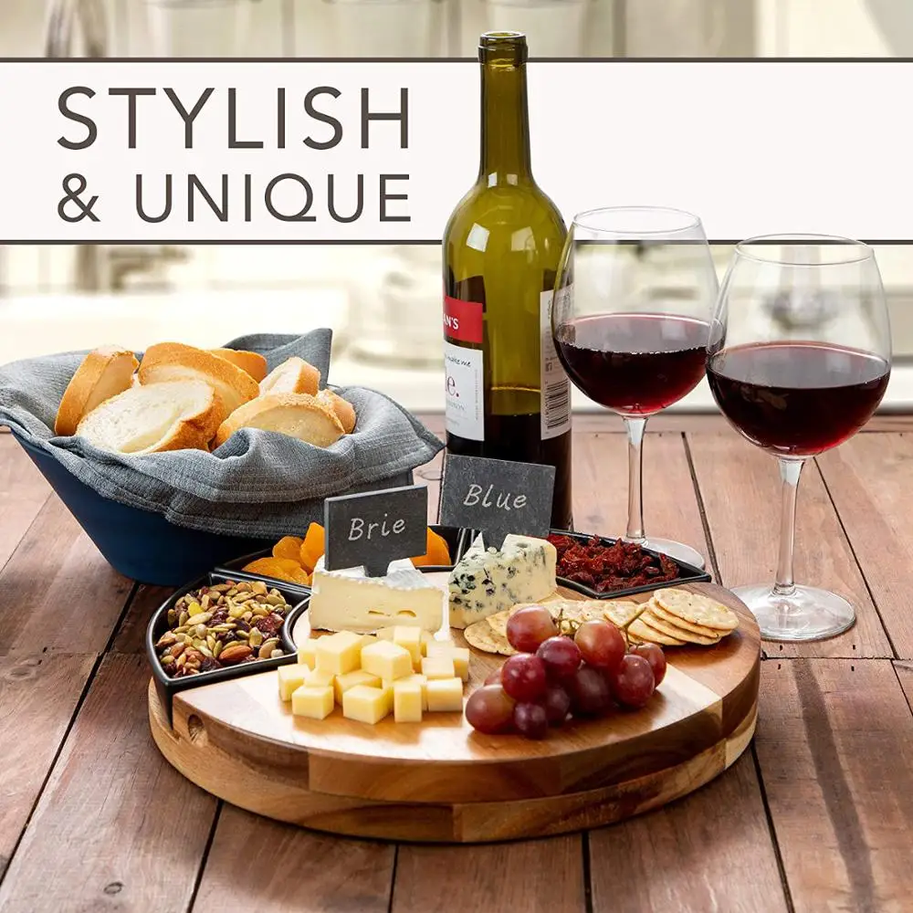 Новый дизайн, Вращающаяся круглая сервировочная тарелка из дерева акации, доска для сыра с 2 ножом, Мраморная тарелка, 3 керамических чаши