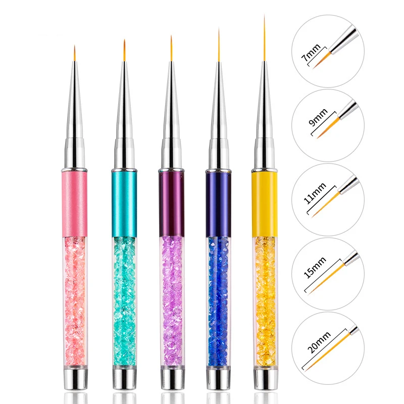 5pcs/set Nail Art Liner Fin Brush Painting Drawing Carving Pen Flower Manicure Tools Metal Crystal Rhinestone Acrylic UV Gel Tip