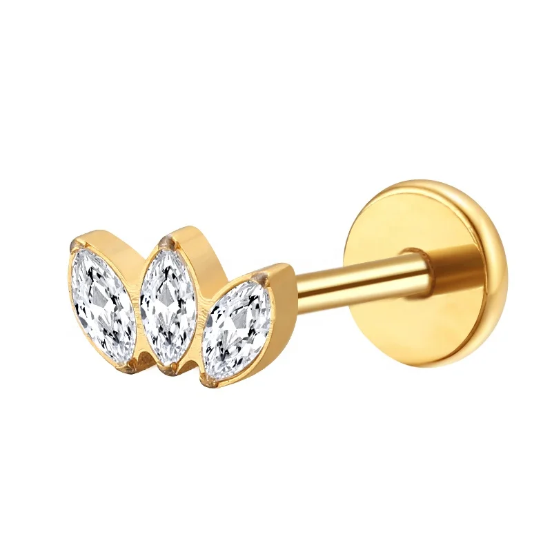 Fashion ASTM F136 Gold Plated Lip CZ Studs flower marquis zircon Labret Piercings Titanium  Helix Earrings Jewelry
