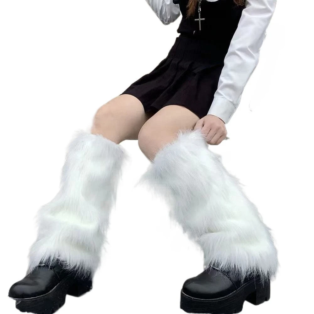 Goth White Faux Fur Leg Warmers Boot Covers Lady Cute Jk Knee-length Hipster Warm Sock Fashion Socks Furry Leg Warmers