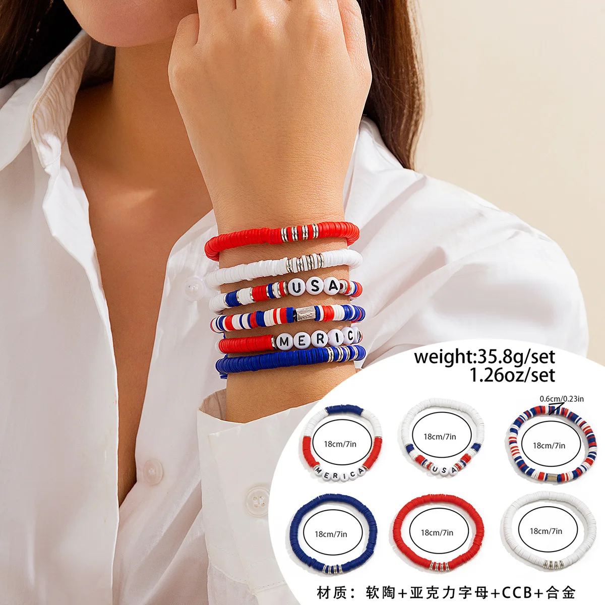 Custom USA Independence Patriotic Day American Flag Bracelets With Charms 4th of July Clay Beaded Friendship Bracelets